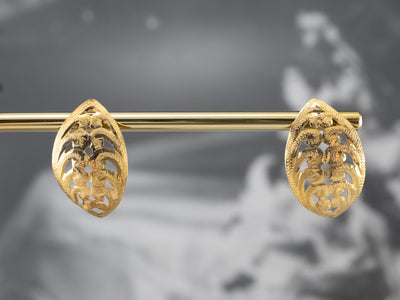 Engraved 18K Gold Leaf Shape Stud Earrings