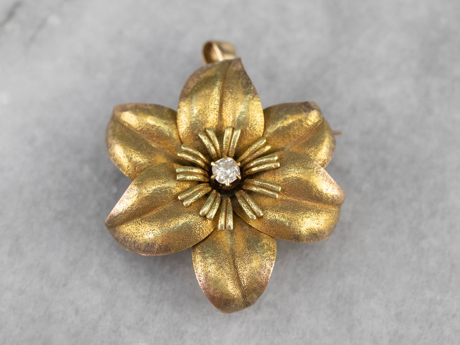 Antique Diamond Gold Flower Brooch Pendant