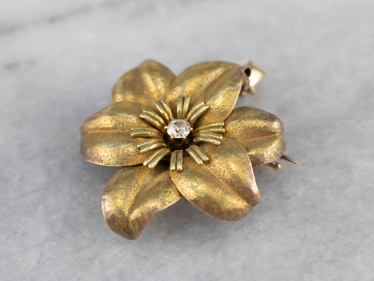 Antique Diamond Gold Flower Brooch Pendant