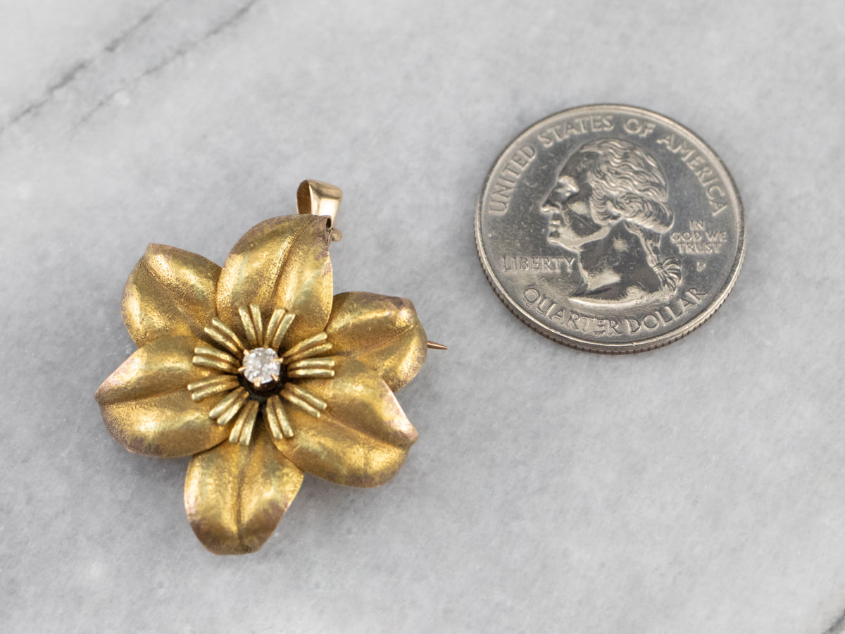 Antique Diamond Gold Flower Brooch Pendant