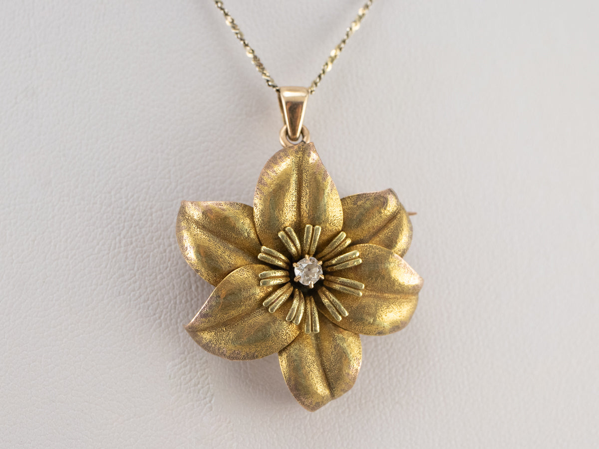 Antique Diamond Gold Flower Brooch Pendant