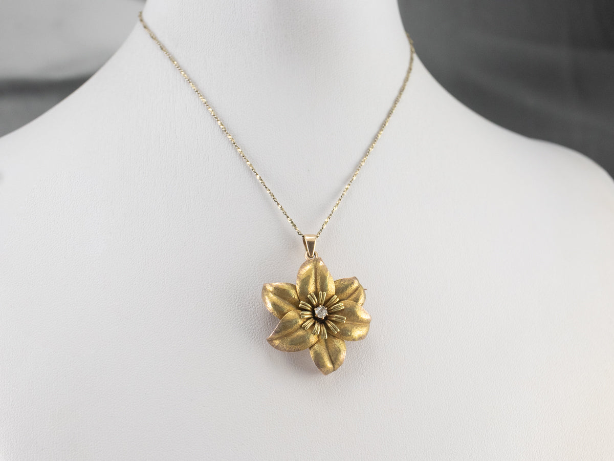 Antique Diamond Gold Flower Brooch Pendant