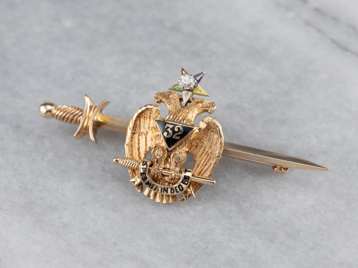 1915 Antique Old Mine Cut Diamond and Gold Masonic Pin
