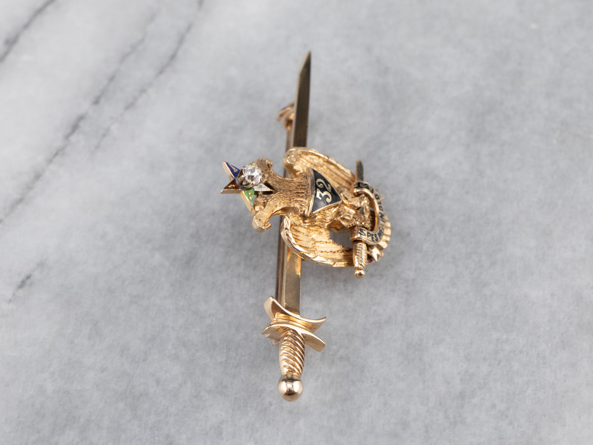 1915 Antique Old Mine Cut Diamond and Gold Masonic Pin