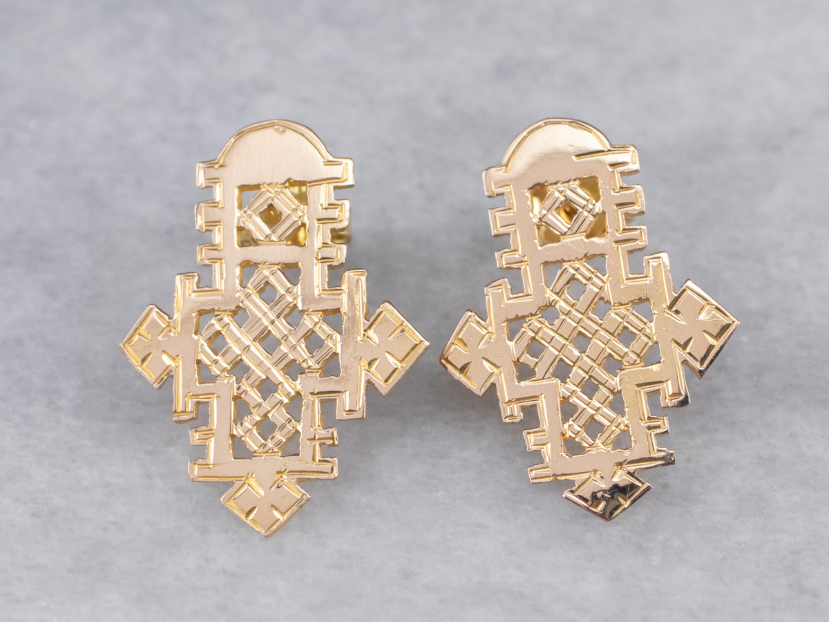 Etched Gold Ethiopian Cross Stud Earrings