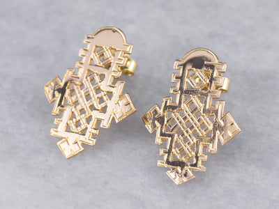 Etched Gold Ethiopian Cross Stud Earrings