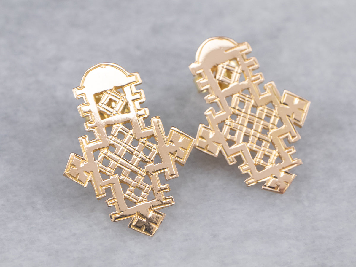 Etched Gold Ethiopian Cross Stud Earrings