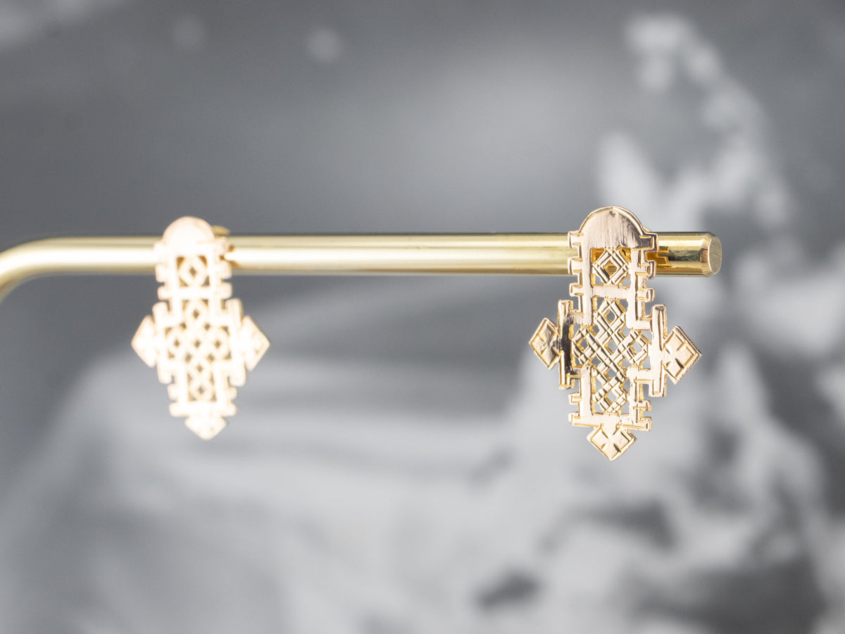 Etched Gold Ethiopian Cross Stud Earrings