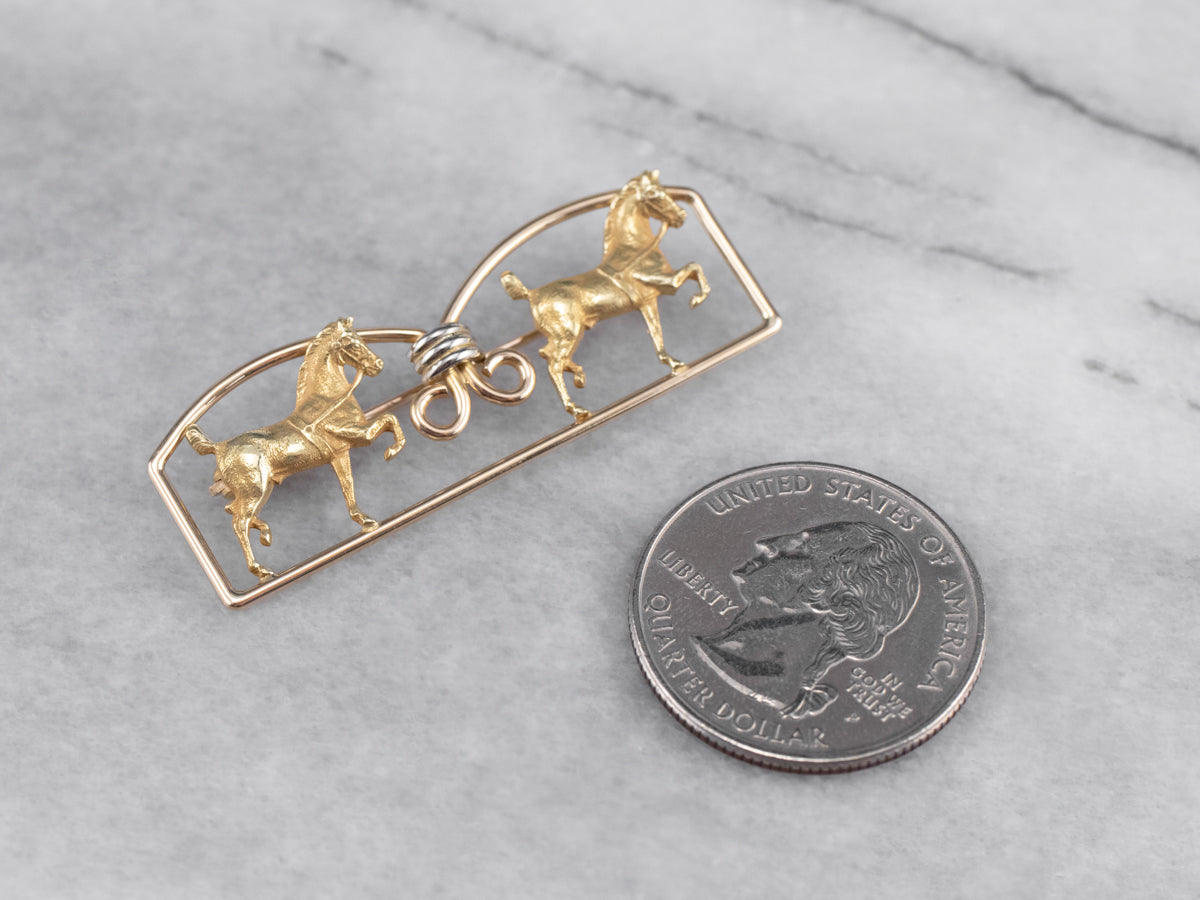 Two Tone Gold Double Horse Brooch
