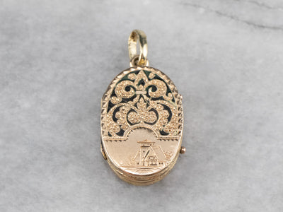 Ornate Black Enamel Gold Locket Pendant