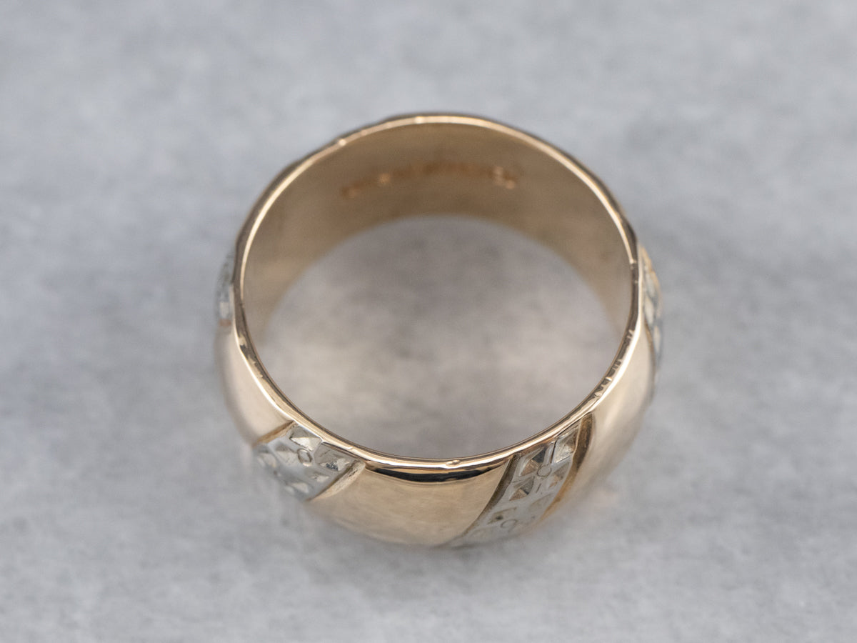 Floral Unisex Patterned Two Tone Gold Band