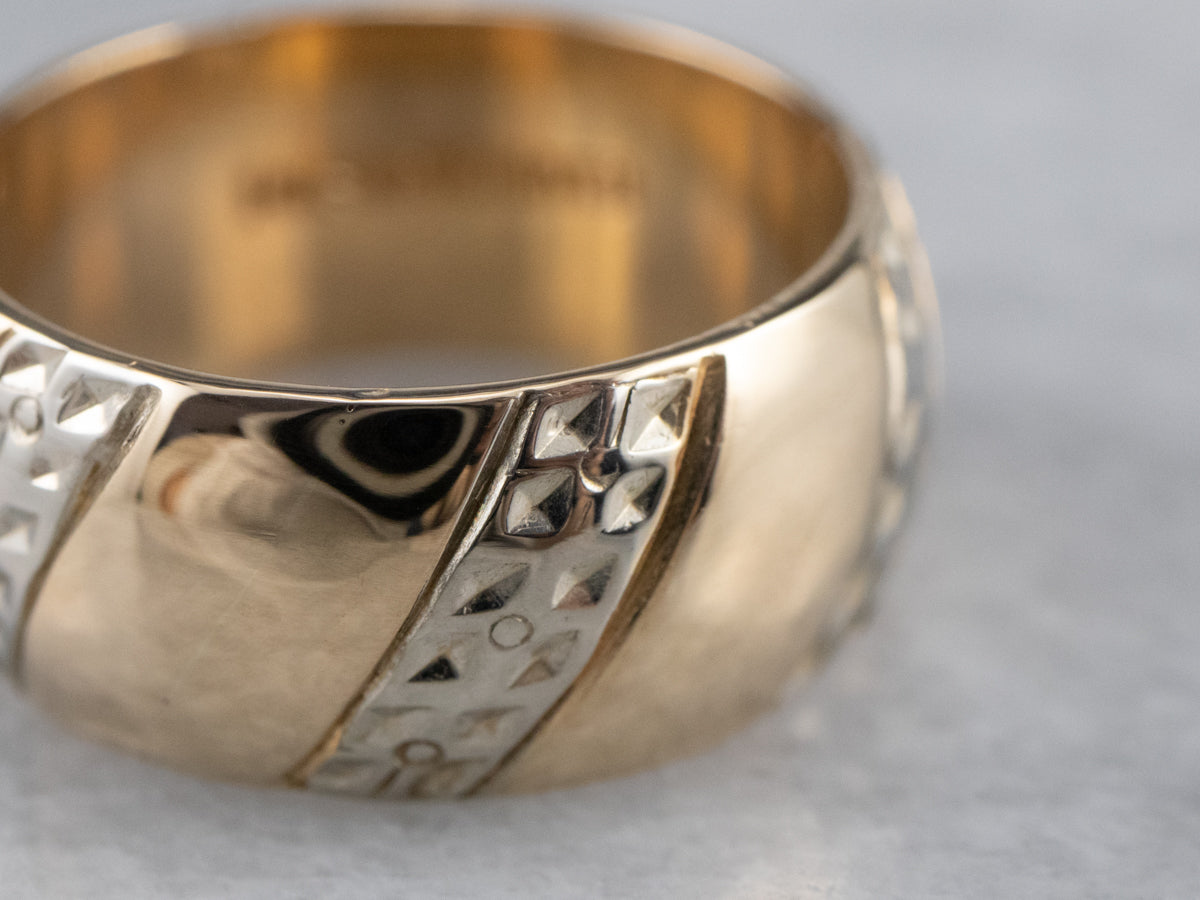 Floral Unisex Patterned Two Tone Gold Band