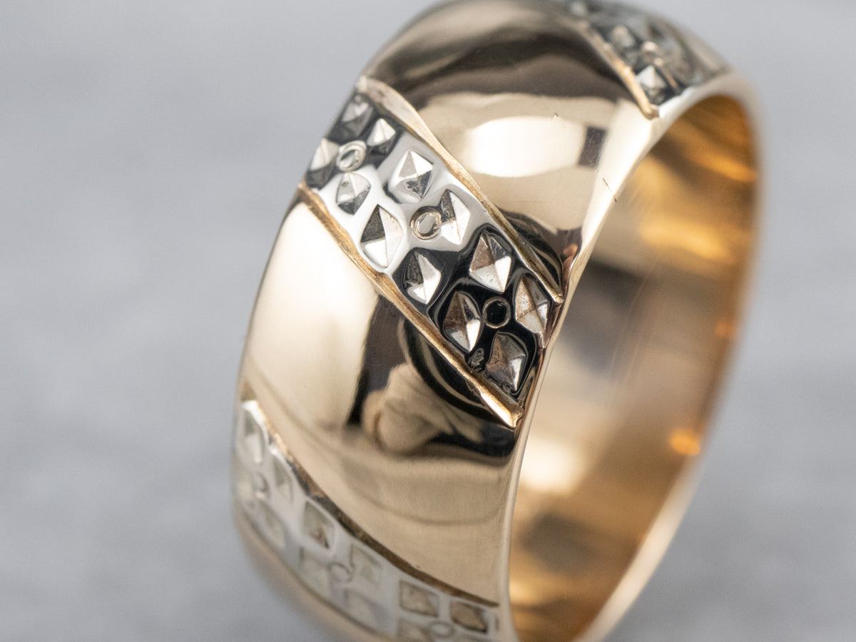 Floral Unisex Patterned Two Tone Gold Band