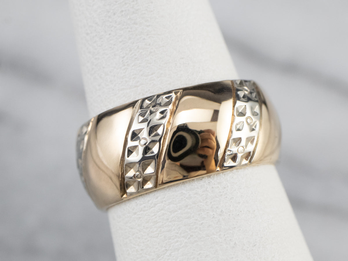 Floral Unisex Patterned Two Tone Gold Band