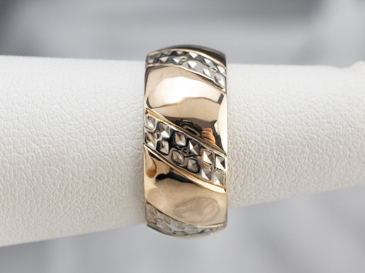 Floral Unisex Patterned Two Tone Gold Band