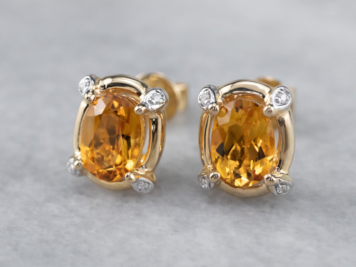 Modern Citrine and Diamond Stud Earrings