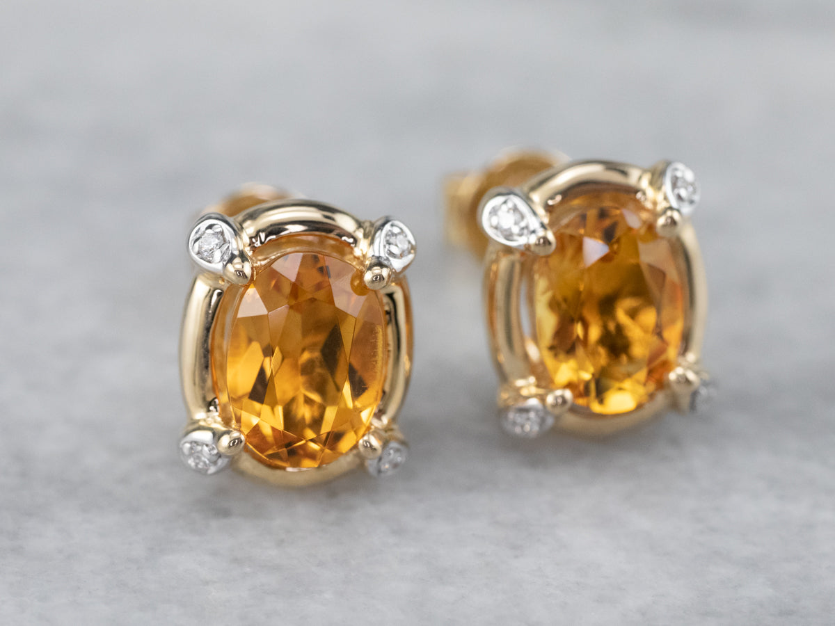 Modern Citrine and Diamond Stud Earrings