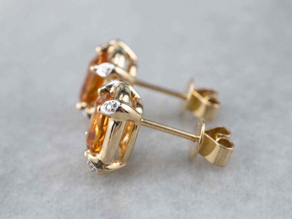 Modern Citrine and Diamond Stud Earrings