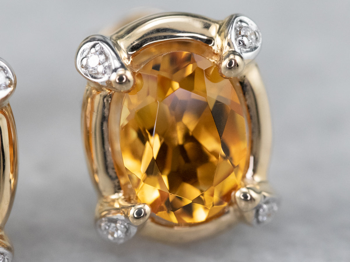 Modern Citrine and Diamond Stud Earrings
