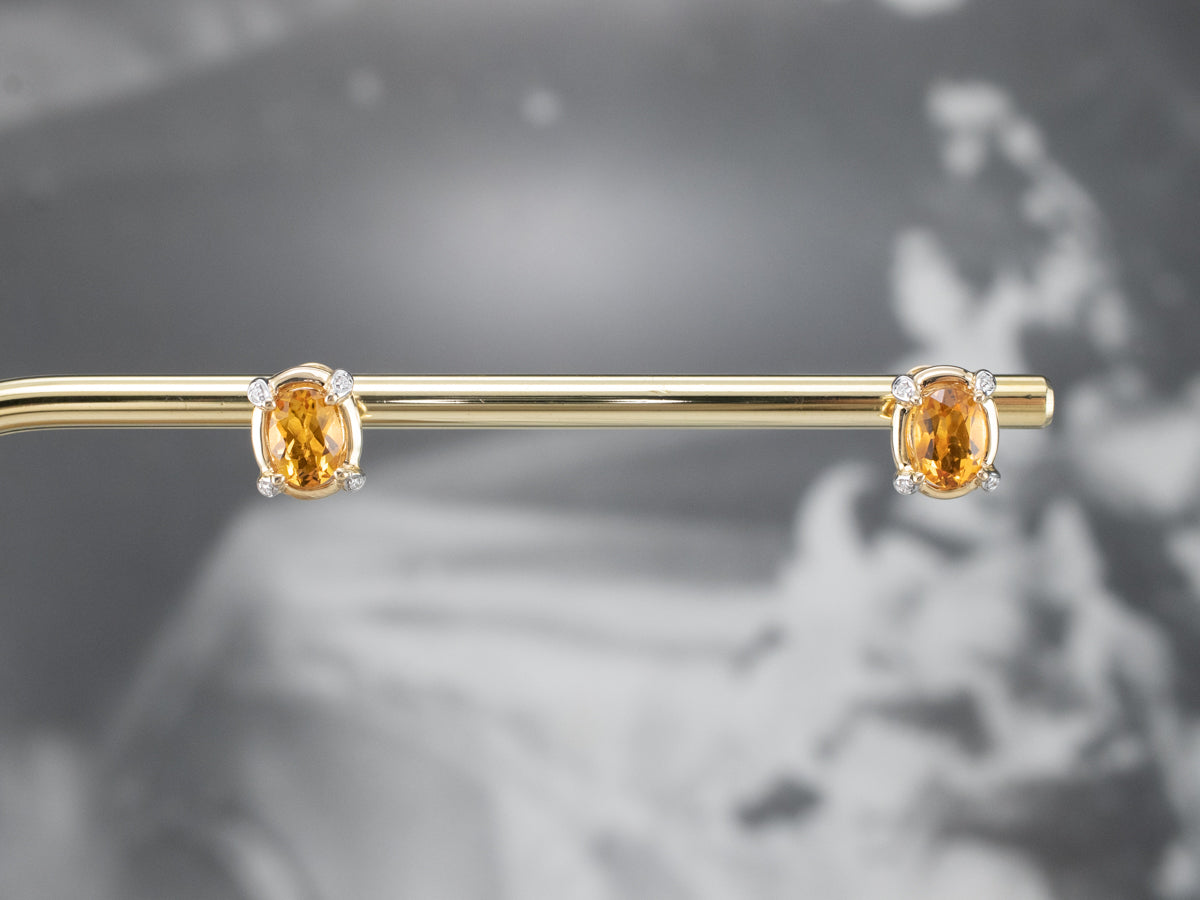 Modern Citrine and Diamond Stud Earrings
