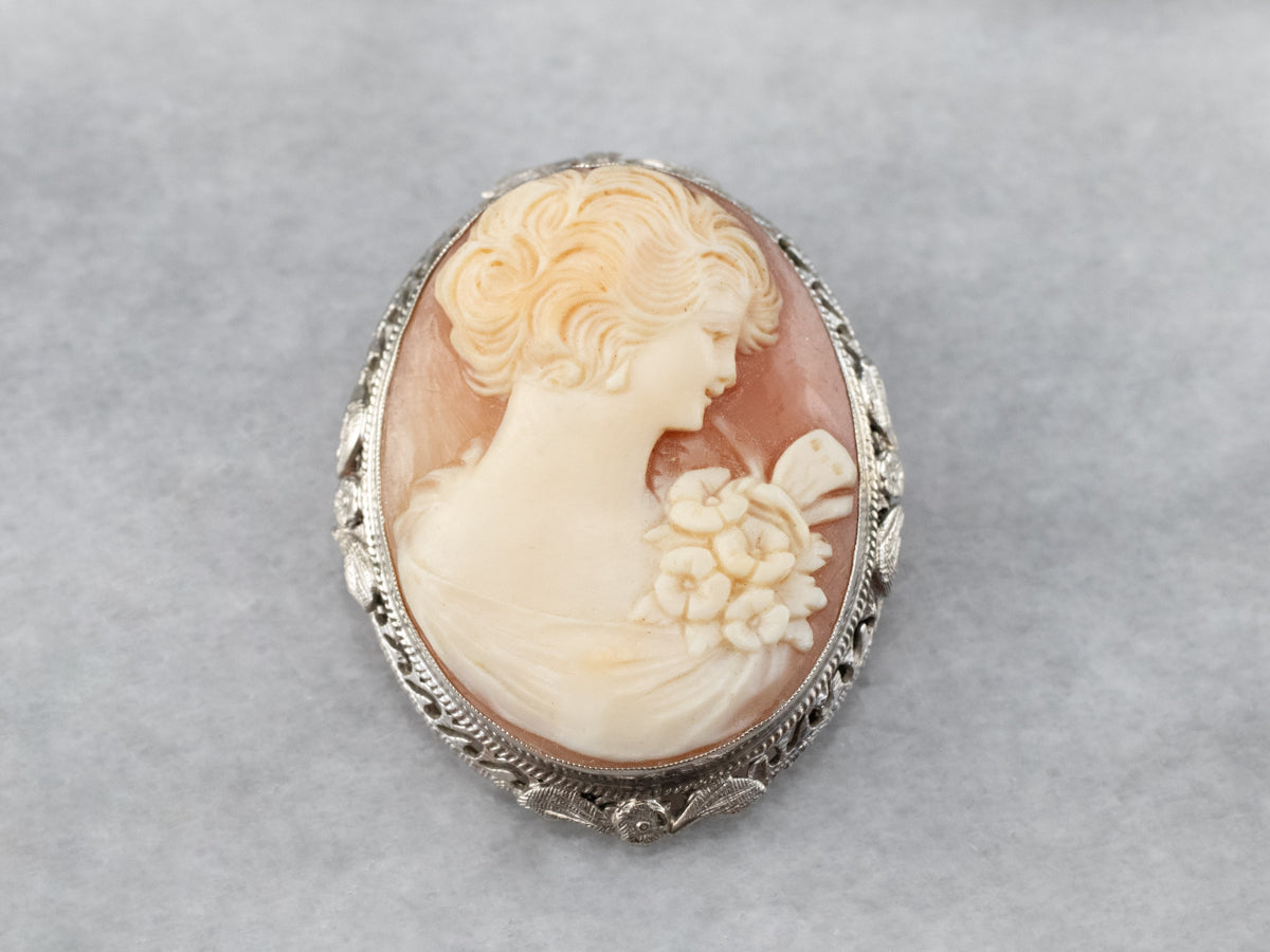 Art Deco Cameo White Gold Brooch Pendant