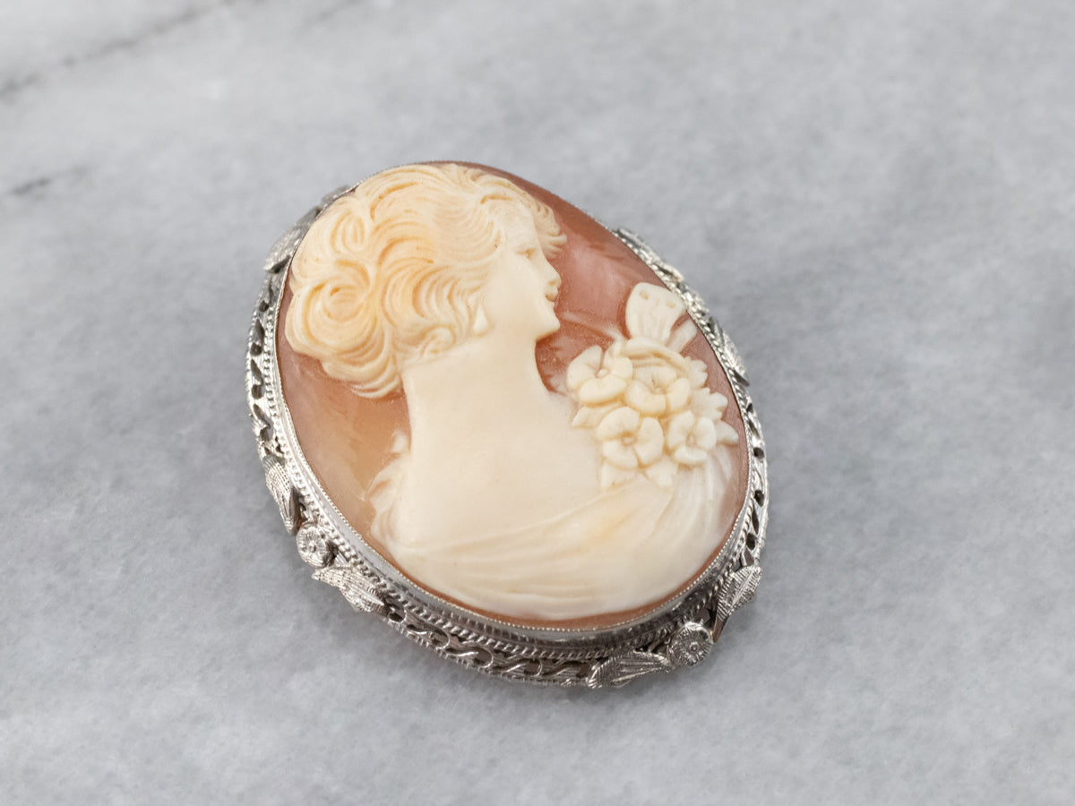 Art Deco Cameo White Gold Brooch Pendant