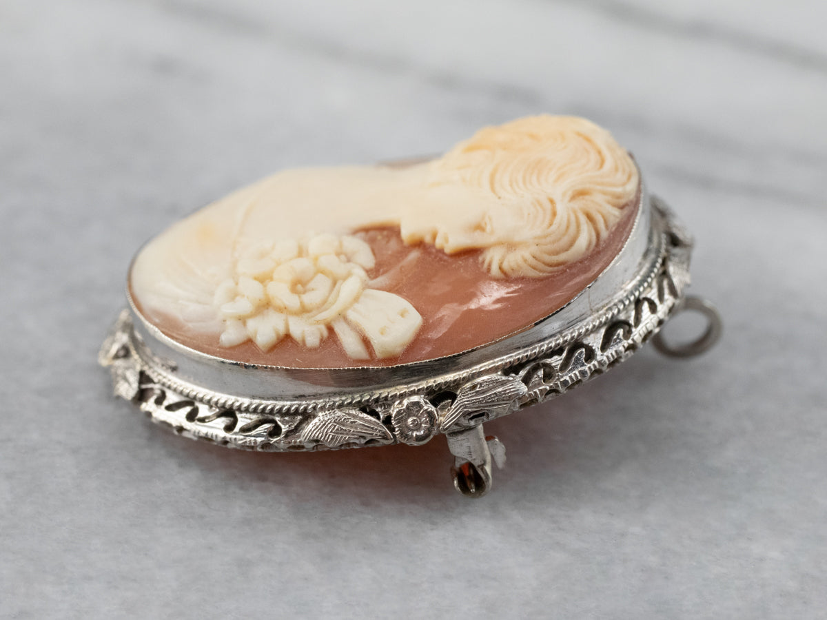 Art Deco Cameo White Gold Brooch Pendant