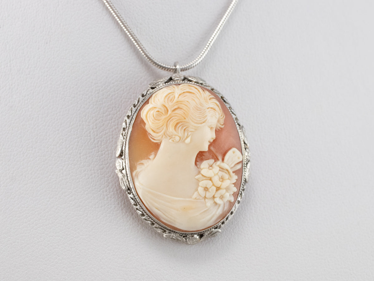 Art Deco Cameo White Gold Brooch Pendant