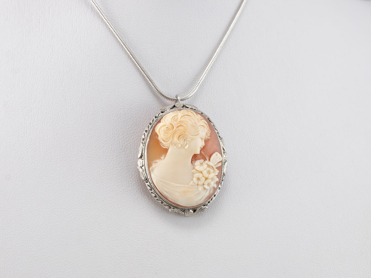 Art Deco Cameo White Gold Brooch Pendant