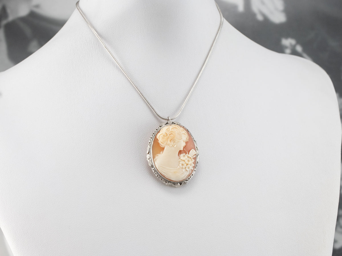Art Deco Cameo White Gold Brooch Pendant