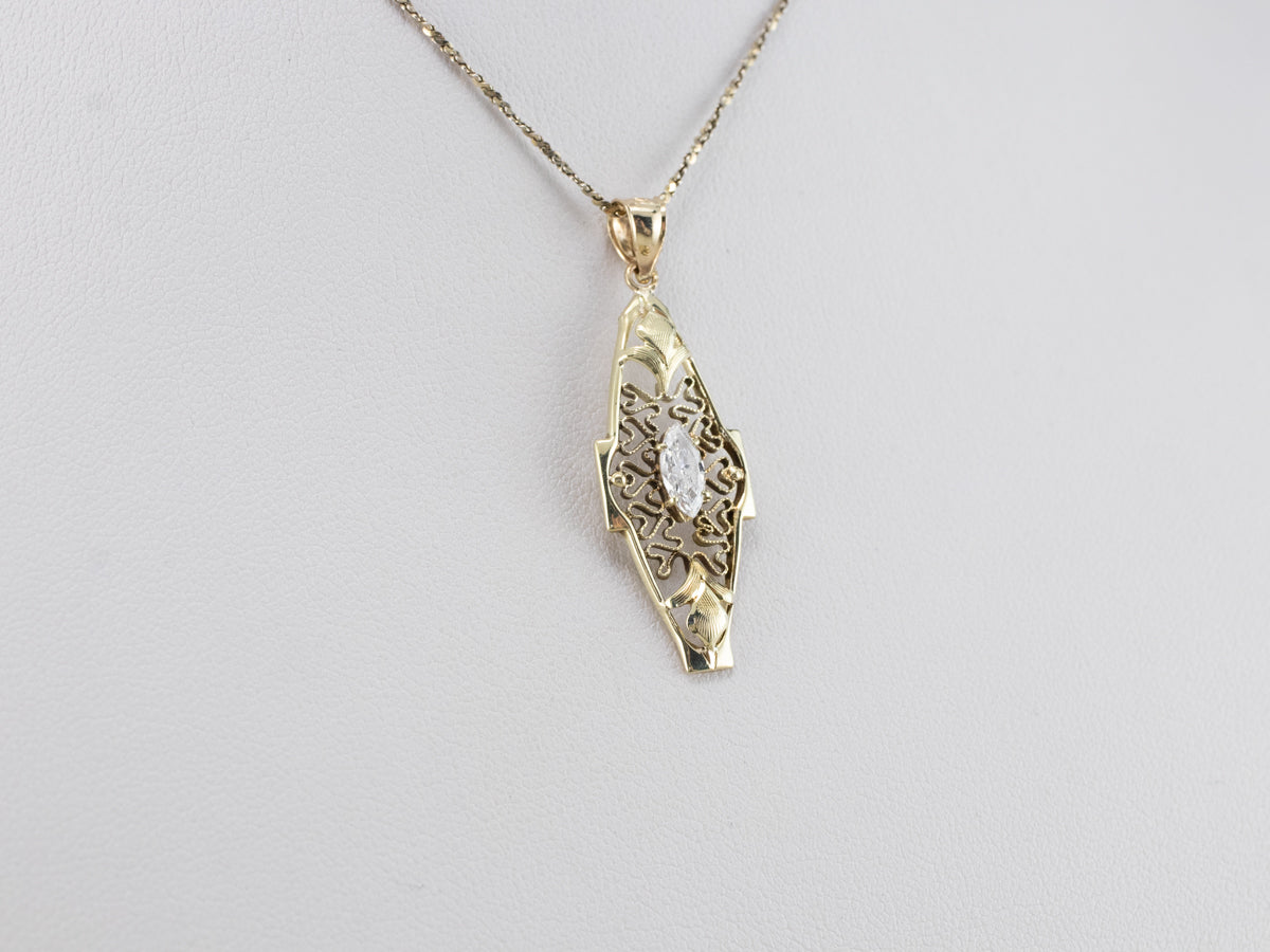 Antique Diamond Green Gold Filigree Pendant