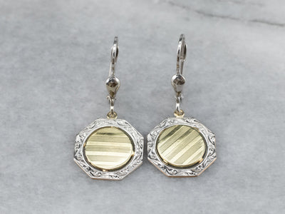 Two Tone Gold Octagon Disk Drop Earrings