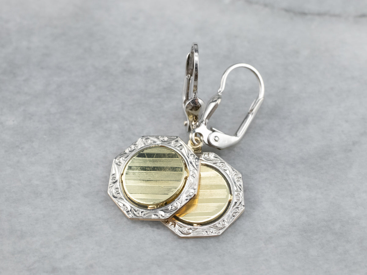 Two Tone Gold Octagon Disk Drop Earrings
