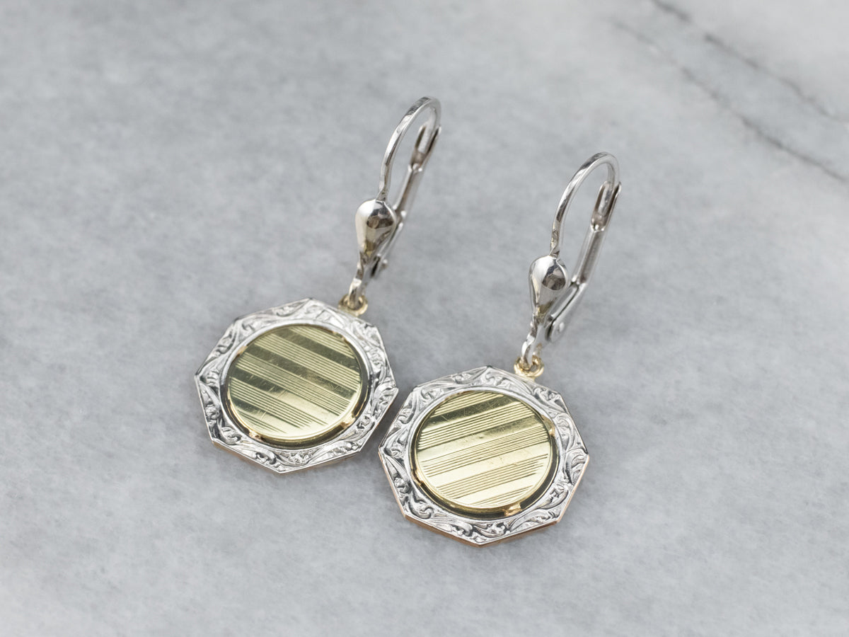 Two Tone Gold Octagon Disk Drop Earrings