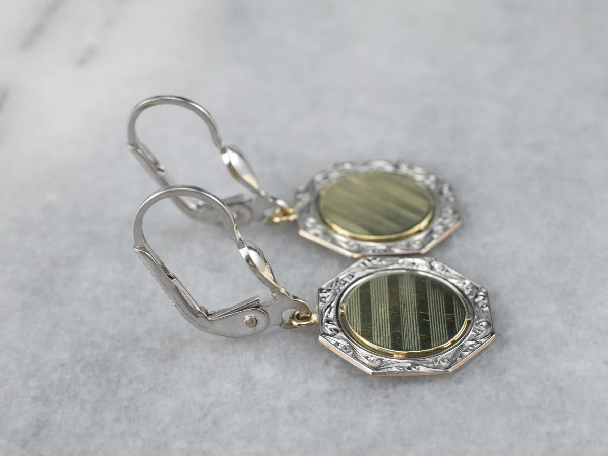 Two Tone Gold Octagon Disk Drop Earrings