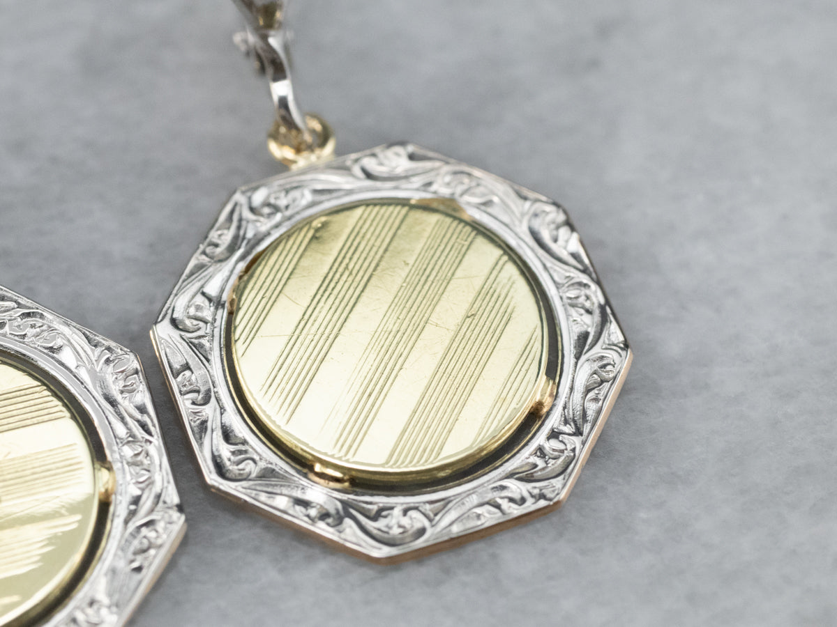 Two Tone Gold Octagon Disk Drop Earrings