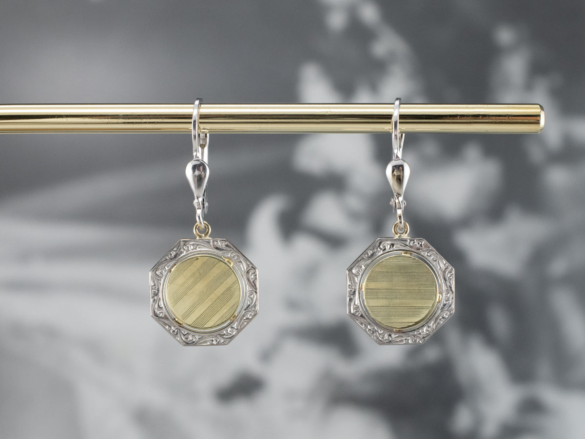 Two Tone Gold Octagon Disk Drop Earrings