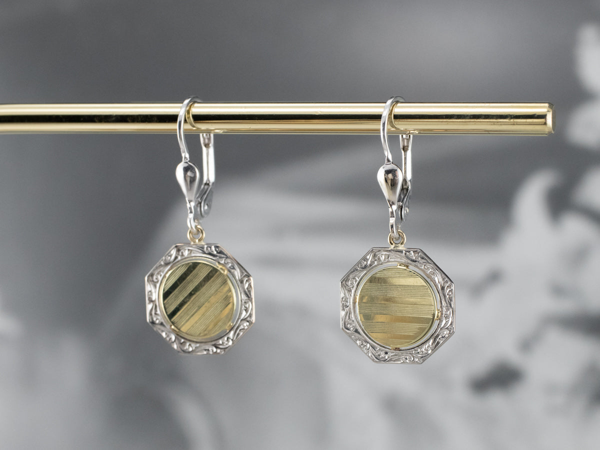 Two Tone Gold Octagon Disk Drop Earrings