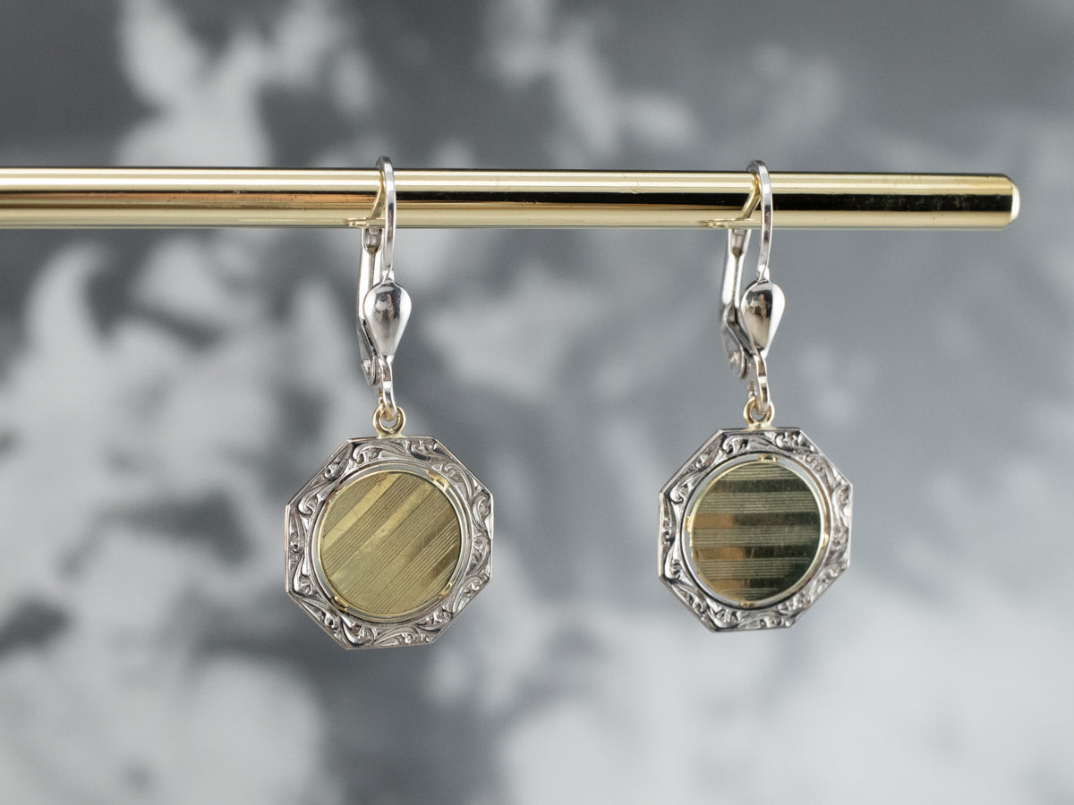 Two Tone Gold Octagon Disk Drop Earrings