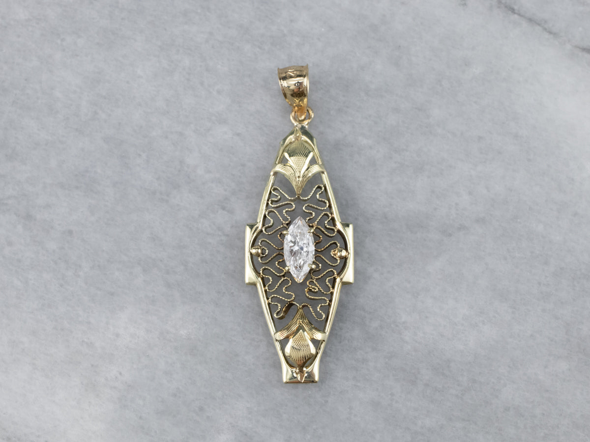 Antique Diamond Green Gold Filigree Pendant