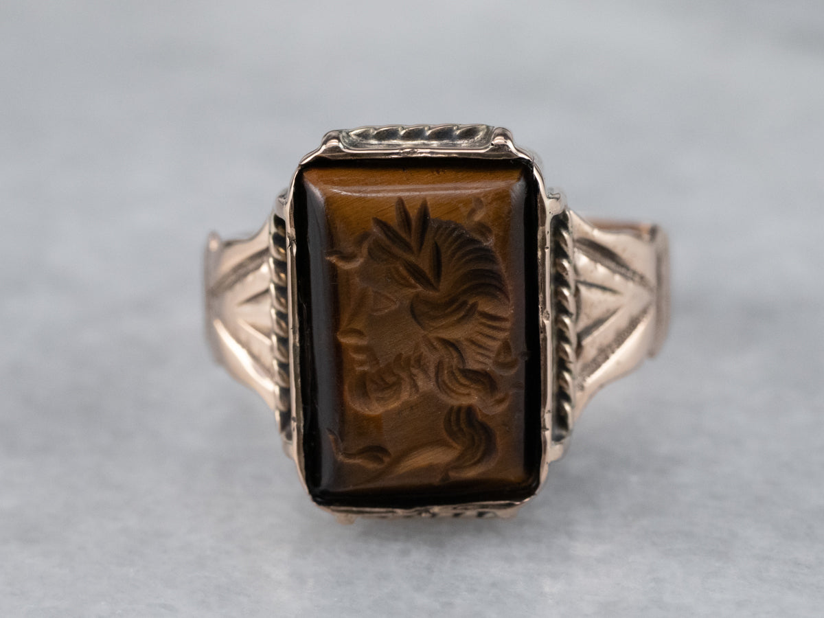 Victorian Tiger's Eye Intaglio Rose Gold Ring