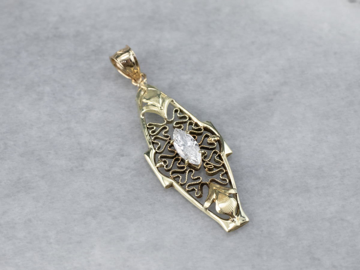 Antique Diamond Green Gold Filigree Pendant