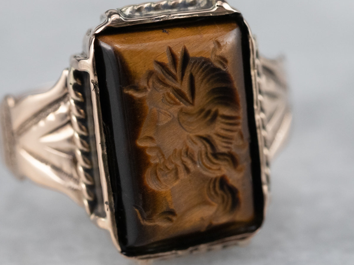Victorian Tiger's Eye Intaglio Rose Gold Ring