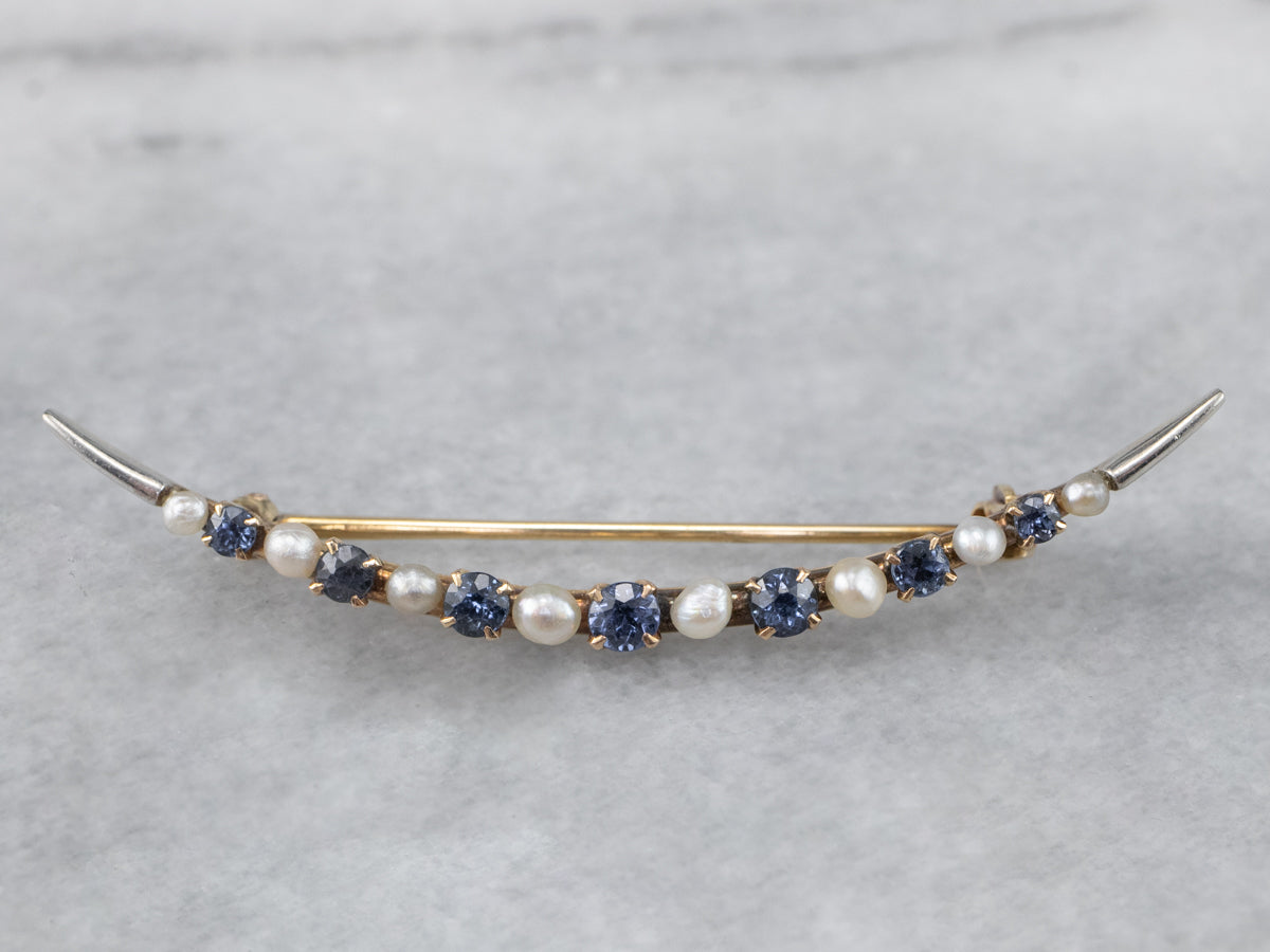 Art Nouveau Sapphire Pearl Crescent Moon Brooch