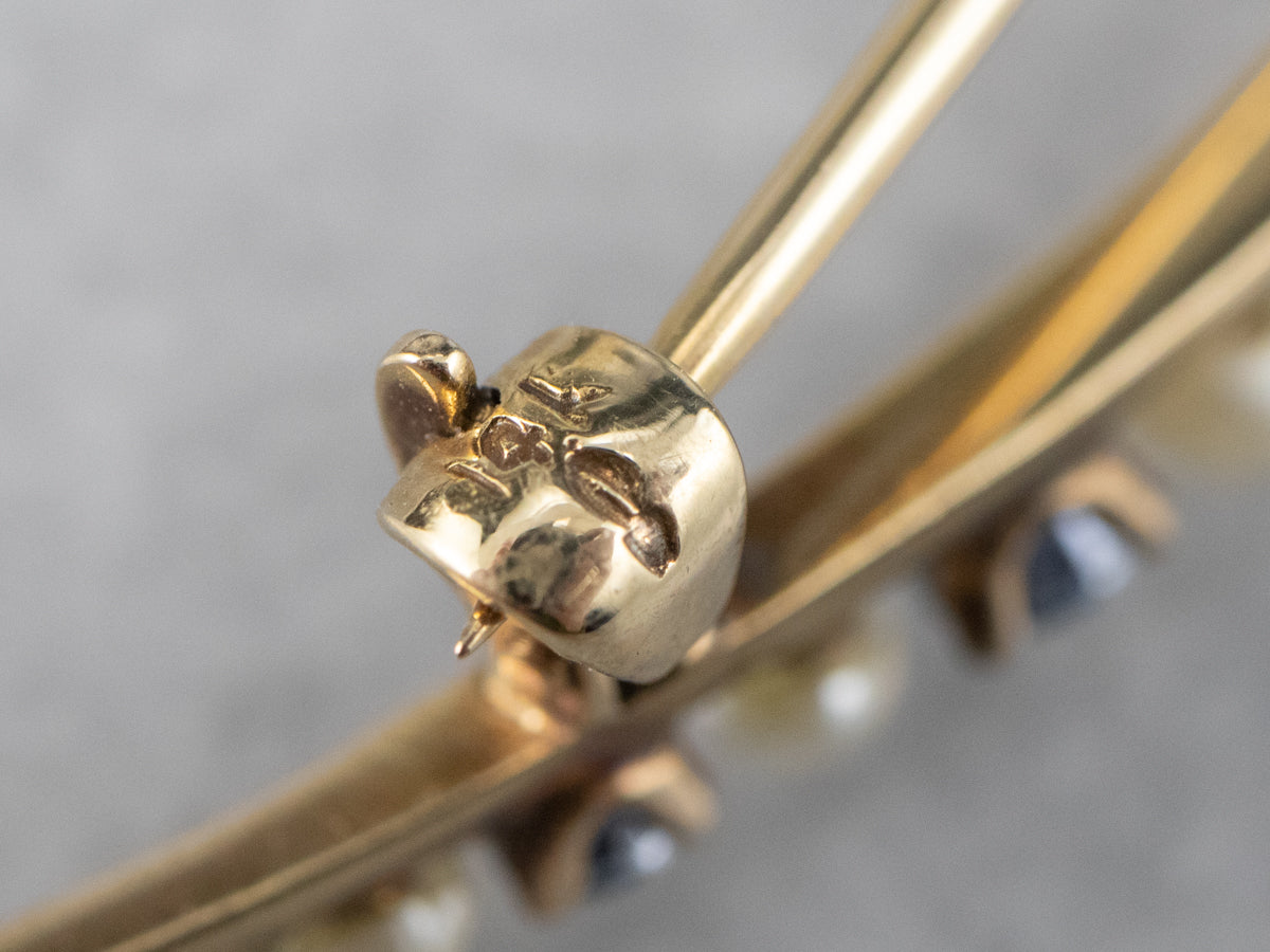 Broche Art Nouveau con luna creciente y perlas de zafiro