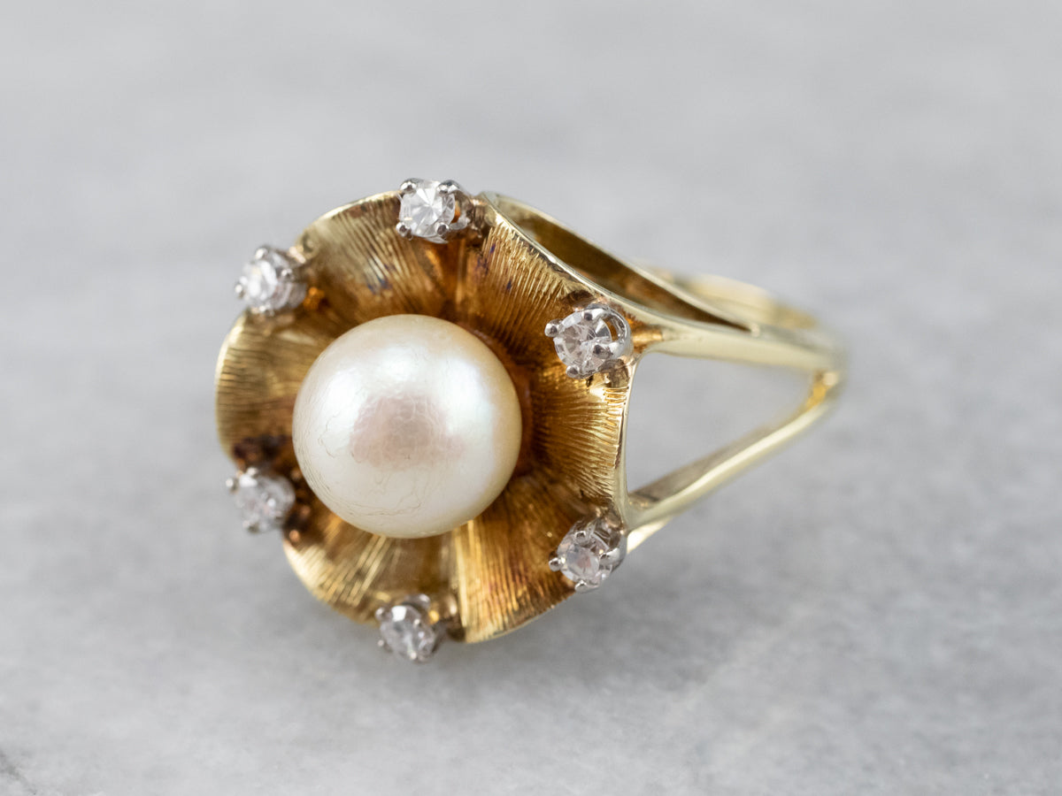 Vintage Pearl Diamond Gold Statement Ring