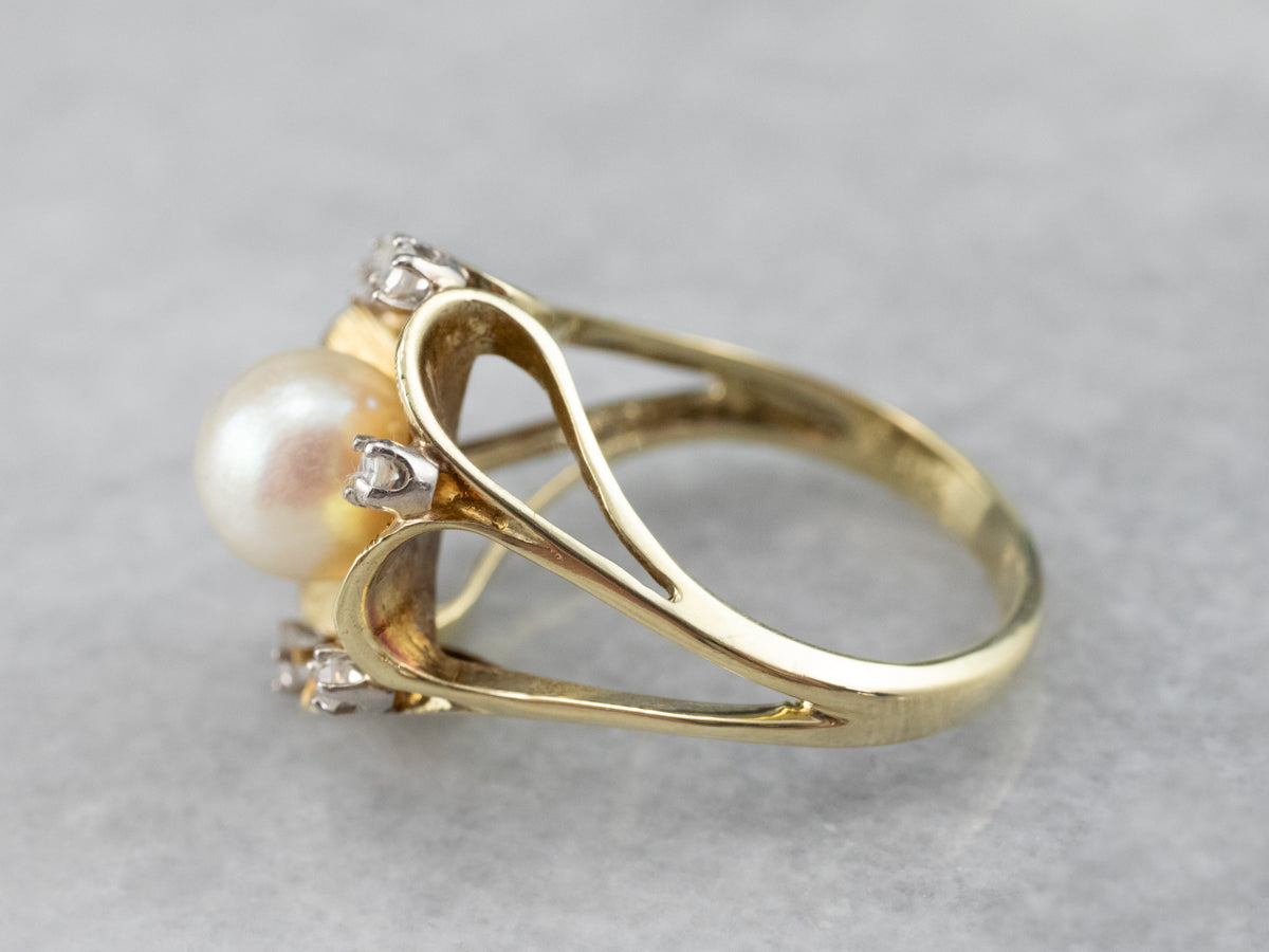 Vintage Pearl Diamond Gold Statement Ring