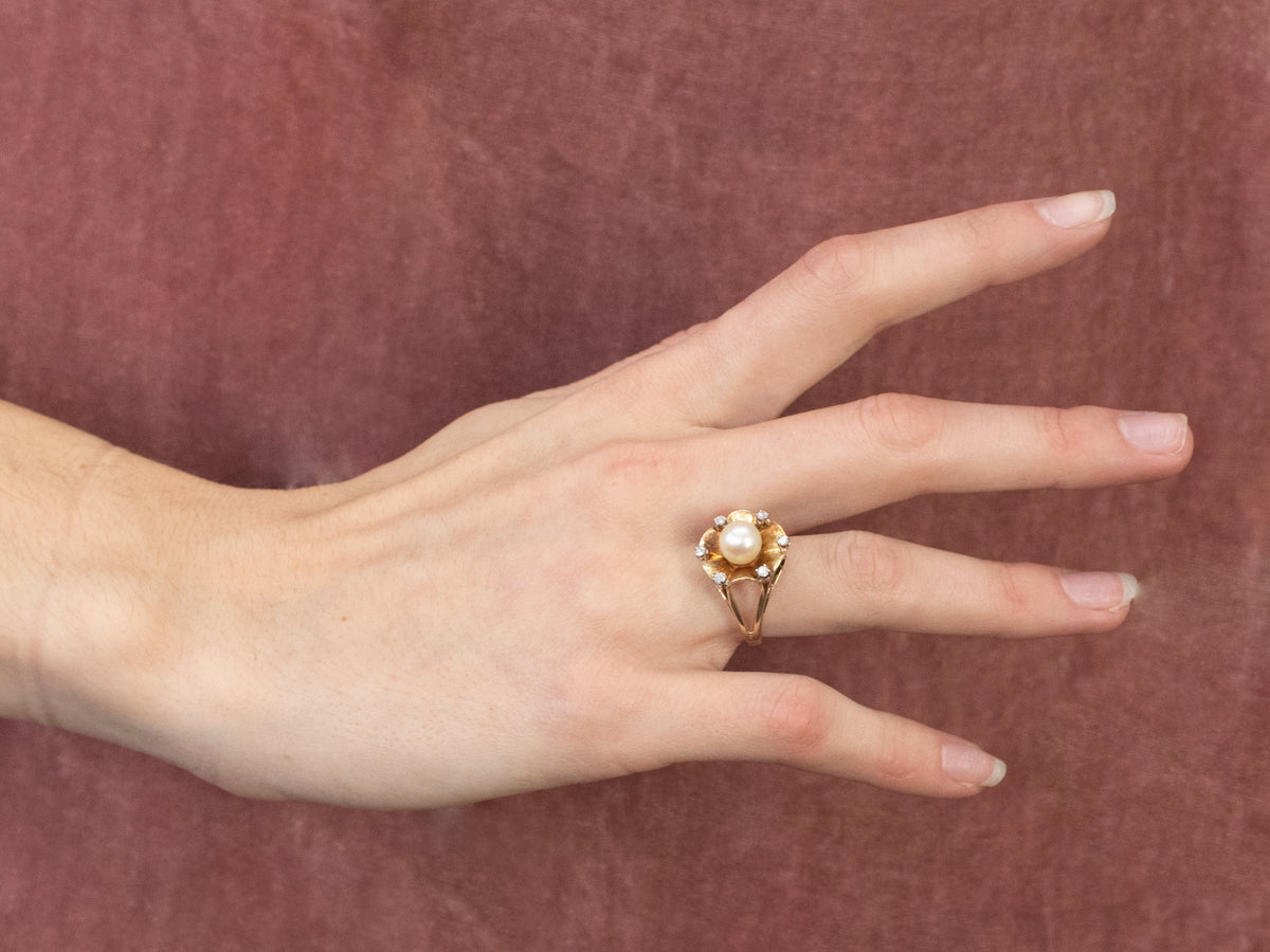 Vintage Pearl Diamond Gold Statement Ring