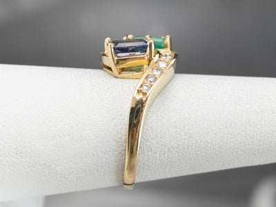 Sapphire Emerald and Diamond Bypass Ring