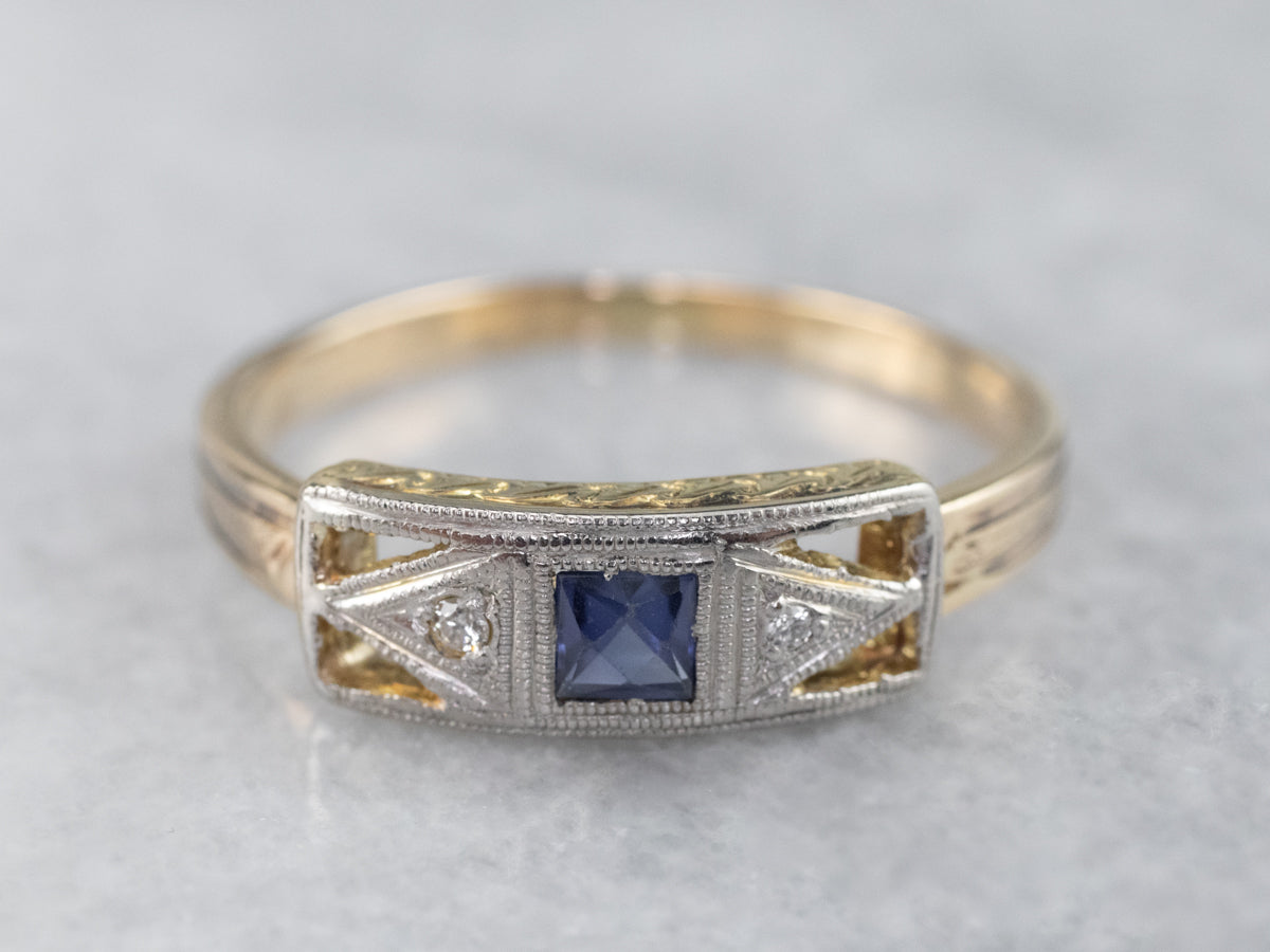Art Deco Sapphire Diamond Two Tone Gold Band